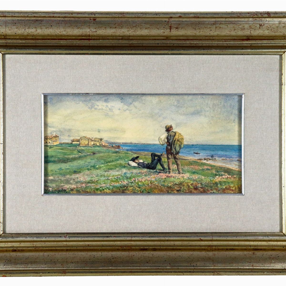 Firmato. "Paesaggio con veduta di costa laziale e personaggi sul prato", luminoso piccolo acquare...