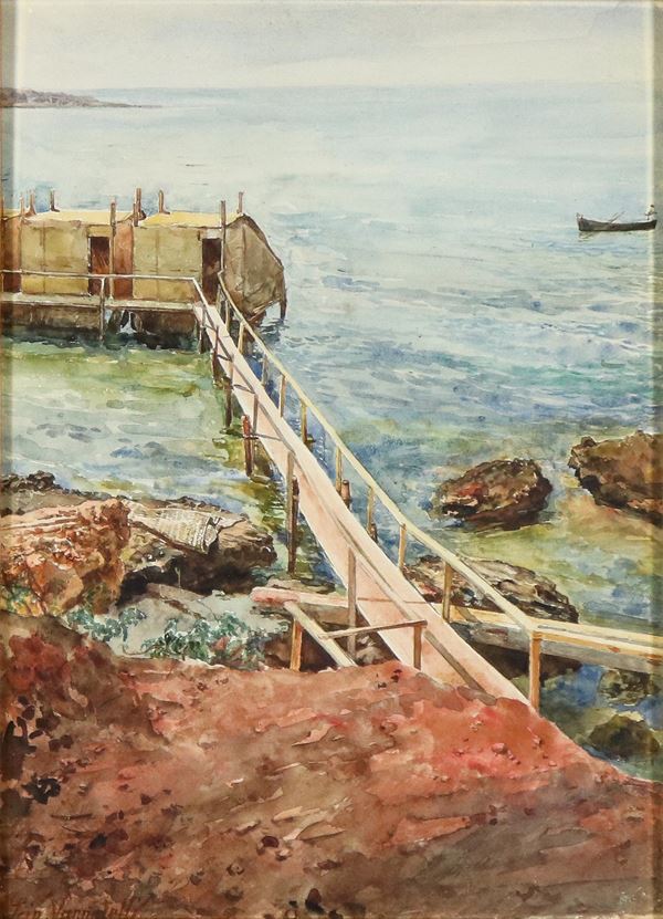 Scipione Vannutelli - Signed. "Marina with pier and fishermen's stilt houses near Civitavecchia", bright watercolor on paper