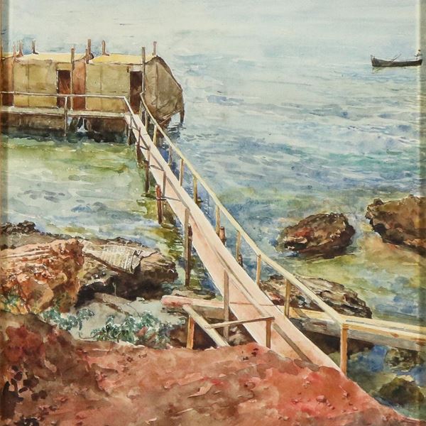 Scipione Vannutelli - Firmato. "Marina con pontile e palafitte di pescatori nei pressi di Civitavecchia", luminoso acquarello su carta