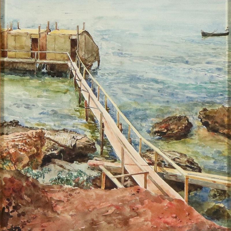 Firmato. "Marina con pontile e palafitte di pescatori nei pressi di Civitavecchia", luminoso acqu...