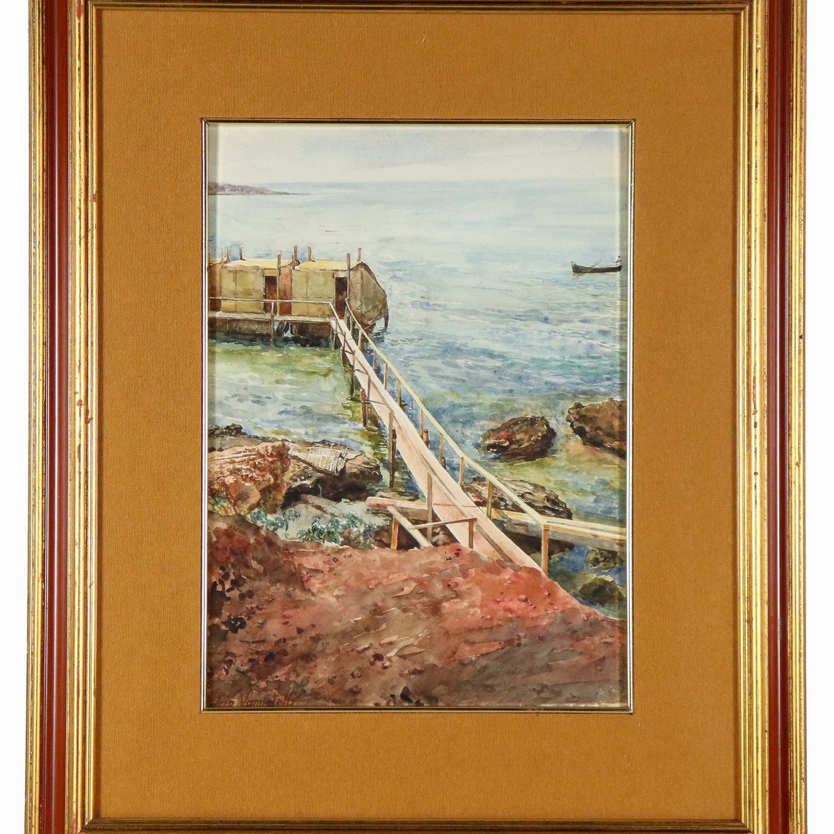 Firmato. "Marina con pontile e palafitte di pescatori nei pressi di Civitavecchia", luminoso acqu...