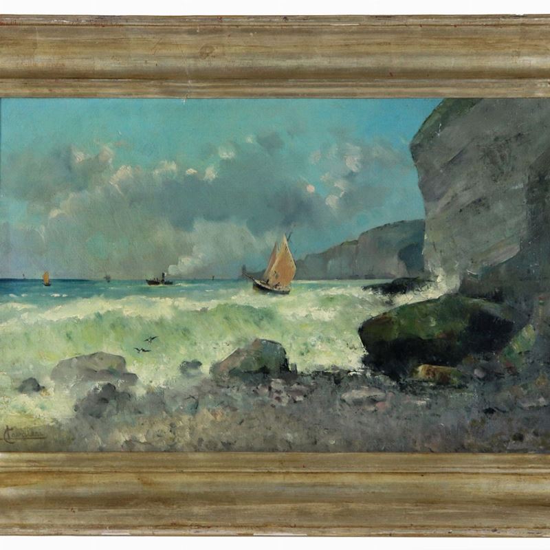 Firmato. "Marina con mare agitato e barche di pescatori", dipinto ad olio su tela di vivace croma...