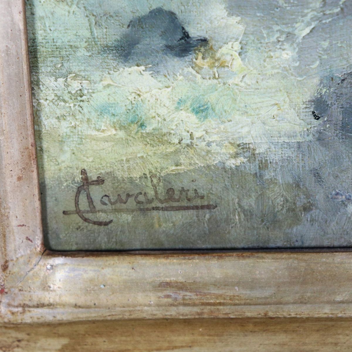 Firmato. "Marina con mare agitato e barche di pescatori", dipinto ad olio su tela di vivace croma...
