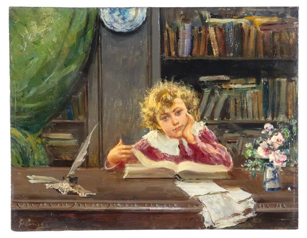 Giovanni Panza - Firmato. "Interno con fanciullo che studia", piccolo dipinto ad olio su tavoletta