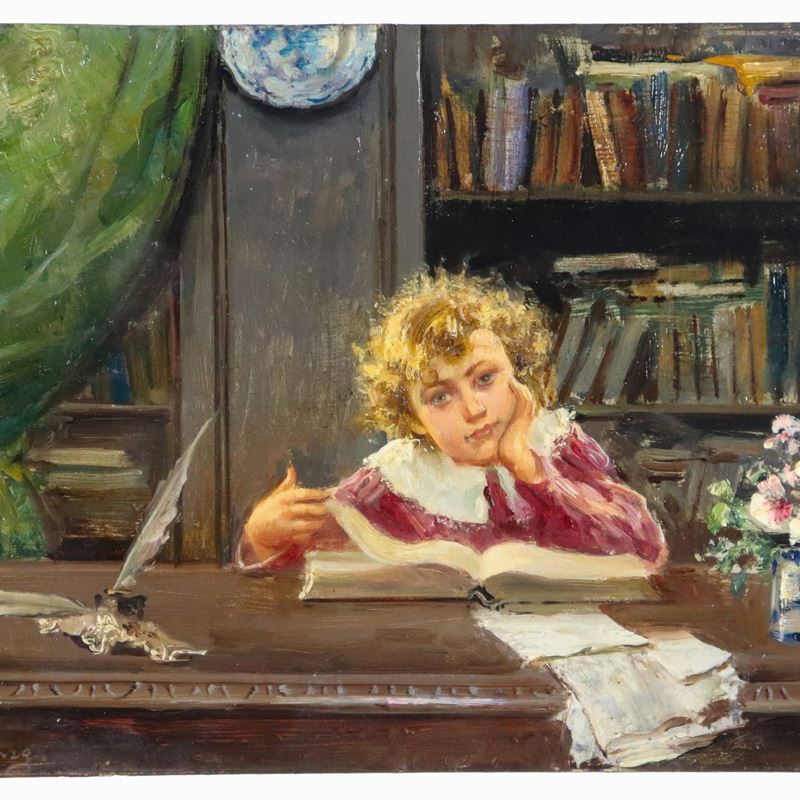 Firmato. "Interno con fanciullo che studia", piccolo dipinto ad olio su tavoletta