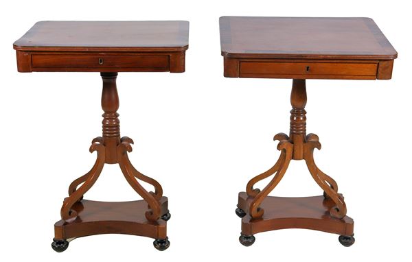 Pair of antique rectangular tables in walnut and rosewood, with central drawer and turned column base supported by four curved legs