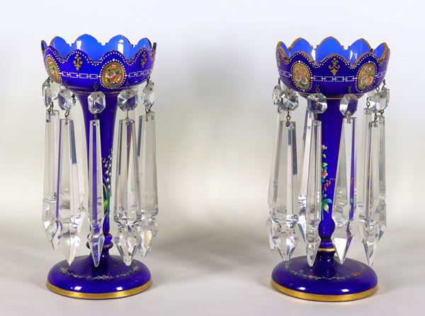 Pair of antique pineapple holders in cobalt blue Bohemian crystal, with polychrome enamel decorations and faceted crystal pendants