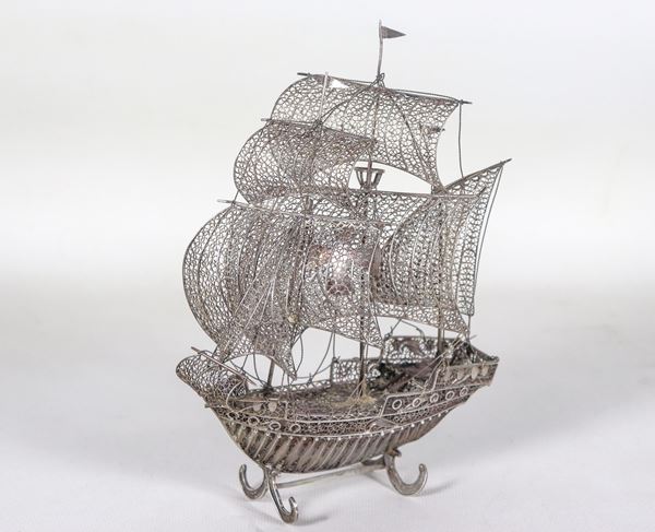 Model of an ancient sailing ship in filigreed silver