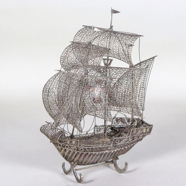 Model of an ancient sailing ship in filigreed silver