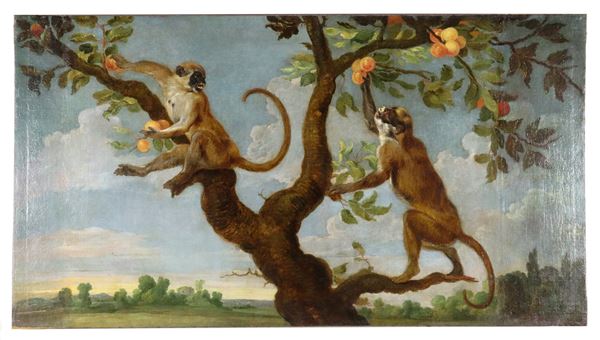 Scuola Piemontese XVIII Secolo - "Landscape with monkeys picking fruit on the tree", bright oil painting on canvas