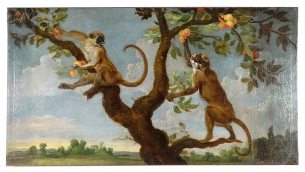 Scuola Piemontese XVIII Secolo - "Paesaggio con scimmiette che colgono la frutta sull'albero", luminoso dipinto ad olio su tela