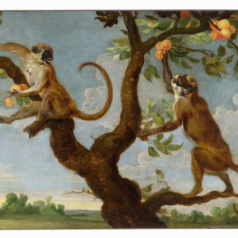 "Paesaggio con scimmiette che colgono la frutta sull'albero", luminoso dipinto ad olio su tela