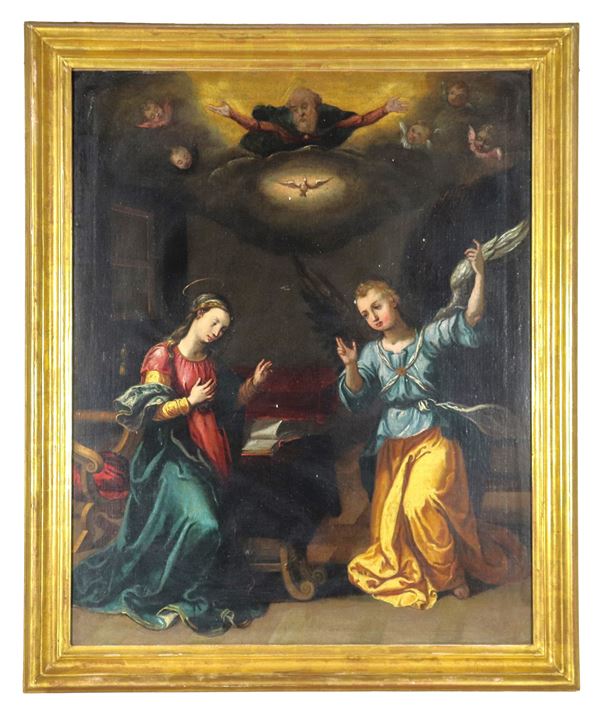 Scuola Bolognese Inizio XVIII Secolo - "Annunciazione", dipinto ad olio su tela