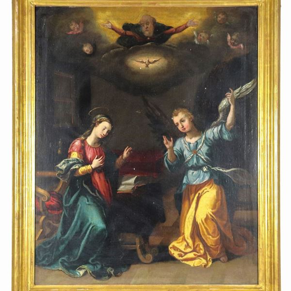Scuola Bolognese Inizio XVIII Secolo - "Annunciazione", dipinto ad olio su tela