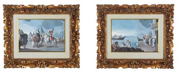 Saverio Della Gatta (documentato a Napoli dal 1777 a 1827) - "Ottoman camp" and "Marina with fishermen and fish seller", pair of small tempera paintings on paper