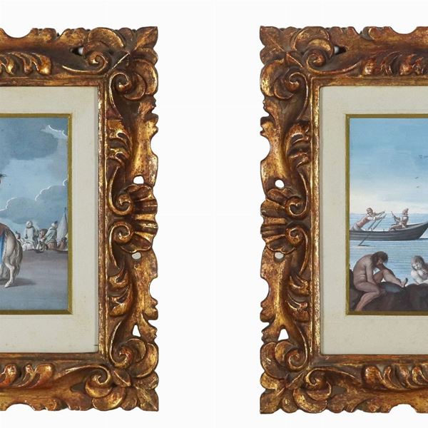 Saverio Della Gatta (documentato a Napoli dal 1777 a 1827) - "Accampamento Ottomano" e "Marina con pescatori e venditore di pesce", coppia di piccole tempere su carta