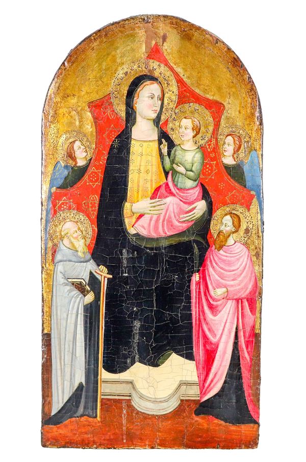 Scuola Toscana Inizio XVII Secolo - "Madonna with Child and Saints", oval-shaped oil painting on wood with a gold background
