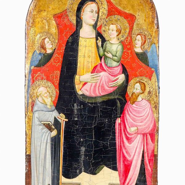 Scuola Toscana Inizio XVII Secolo - "Madonna con Bambino e Santi", dipinto a sesto ovale ad olio su tavola a fondo oro