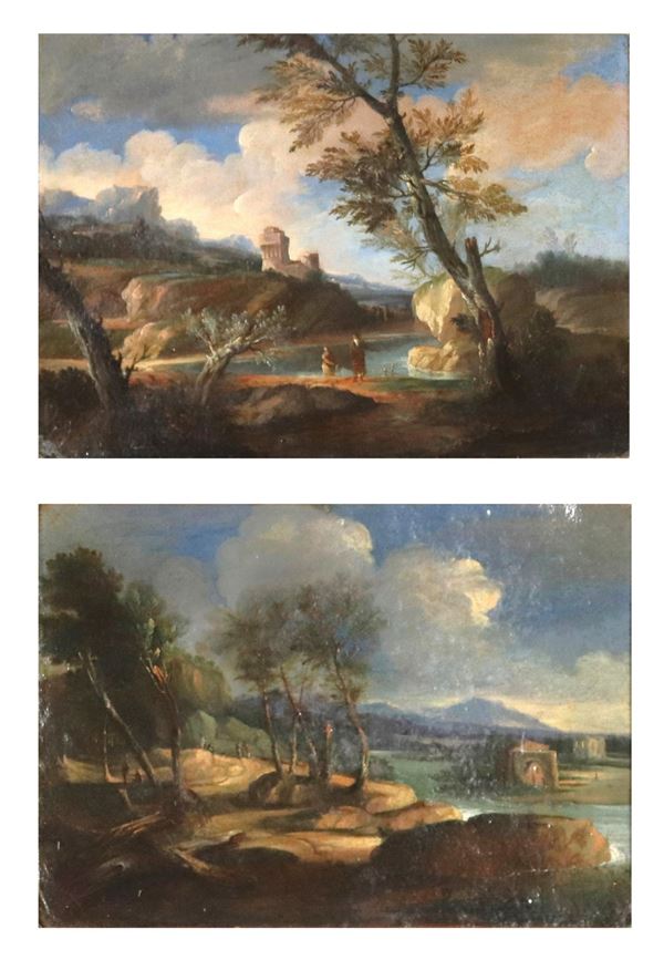 Scuola Italiana Fine XVIII - Inizio XIX - "Paesaggi con borghi e viandanti", coppia di dipinti ad olio su tela incollata a cartone