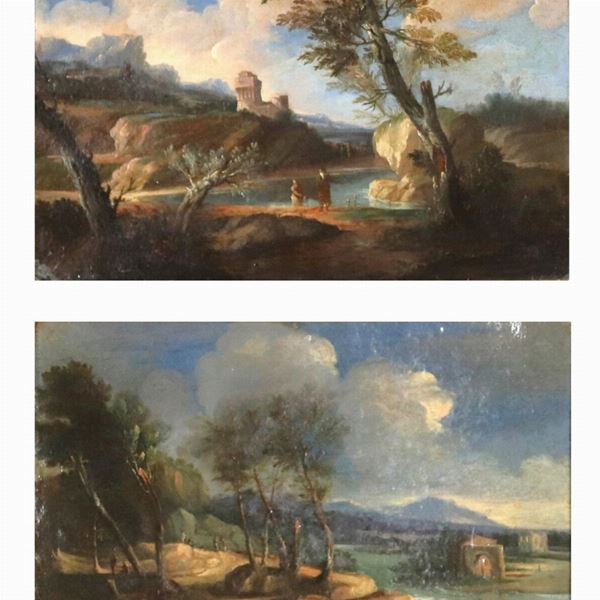 Scuola Italiana Fine XVIII - Inizio XIX - "Paesaggi con borghi e viandanti", coppia di dipinti ad olio su tela incollata a cartone