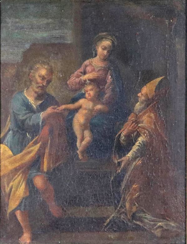 Scuola Napoletana Inizio XVIII Secolo - "Holy Family with Saint Nicholas", small oil painting on canvas