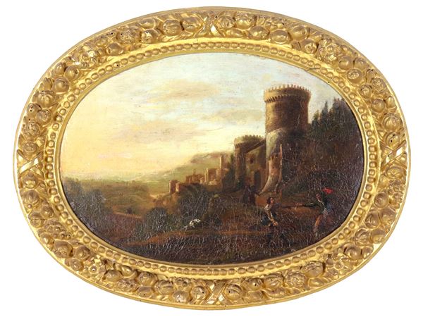 Scuola Lombardo-Veneta XVIII Secolo - "Paesaggio con castello e duello fuori le mura", dipinto ovale ad olio su tela