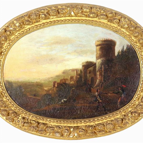 Scuola Lombardo-Veneta XVIII Secolo - "Paesaggio con castello e duello fuori le mura", dipinto ovale ad olio su tela