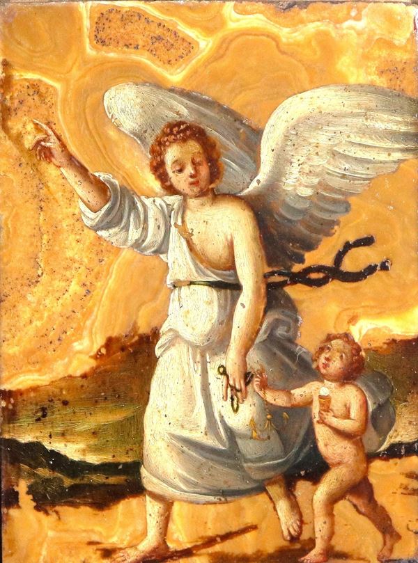 Scuola Italiana XVIII Secolo - "Tobia e l'Angelo", piccolo dipinto ad olio su alabastro fiorito