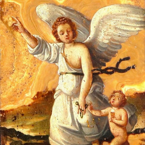 Scuola Italiana XVIII Secolo - "Tobia e l'Angelo", piccolo dipinto ad olio su alabastro fiorito