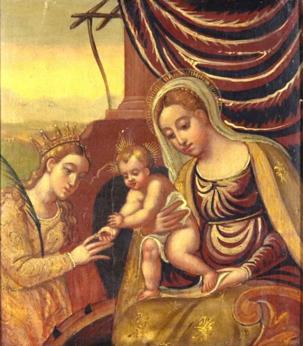 Scuola Italiana Fine XVI - Inizio XVII Secolo - "Il Matrimonio Mistico di Santa Caterina", piccolo dipinto ad olio su tavola