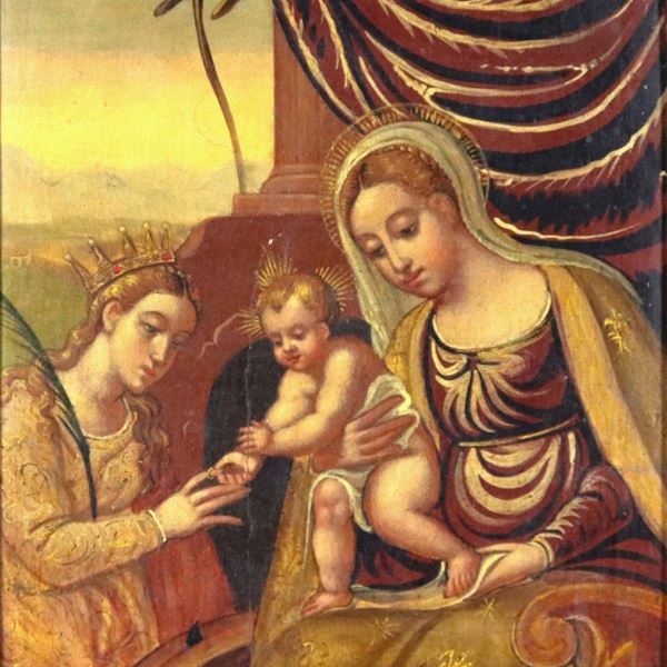 Scuola Italiana Fine XVI - Inizio XVII Secolo - "Il Matrimonio Mistico di Santa Caterina", piccolo dipinto ad olio su tavola