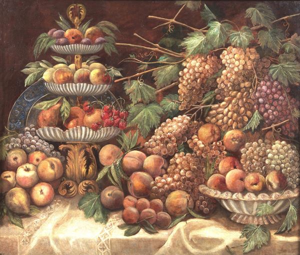 Scuola Napoletana XIX Secolo - "Natura morta di frutta con vaso e alzata", pregevole dipinto ad olio su tela