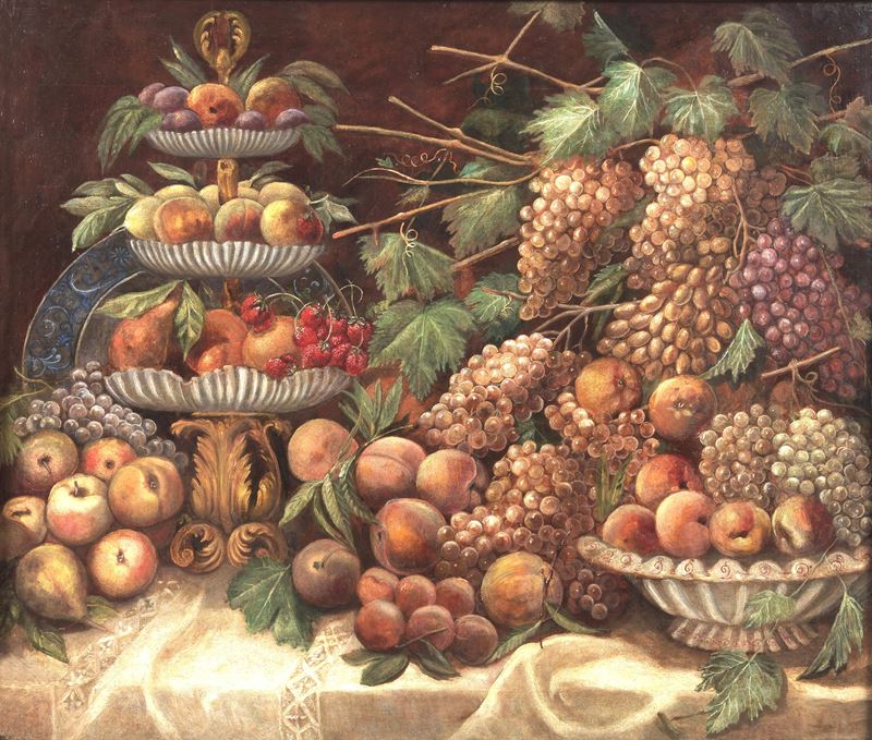 "Natura morta di frutta con vaso e alzata", pregevole dipinto ad olio su tela