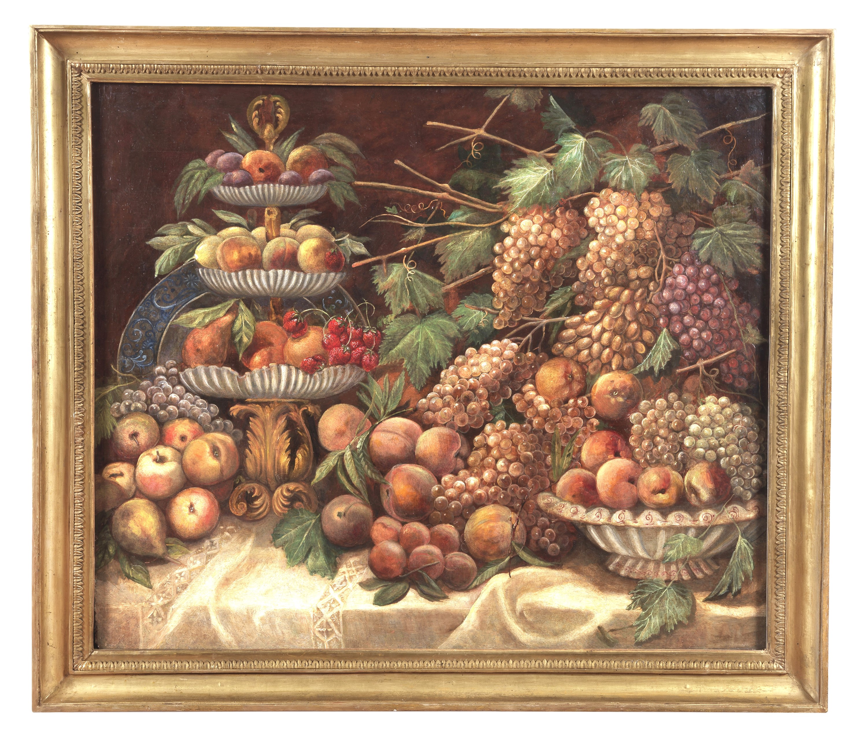 "Natura morta di frutta con vaso e alzata", pregevole dipinto ad olio su tela