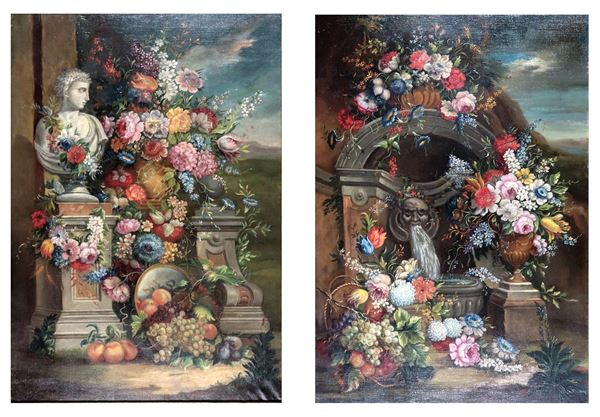 Scuola Italiana Fine XIX Secolo - "Nature morte di fiori e frutta", coppia di dipinti ad olio su tela di ottima esecuzione pittorica e contrasto di colori