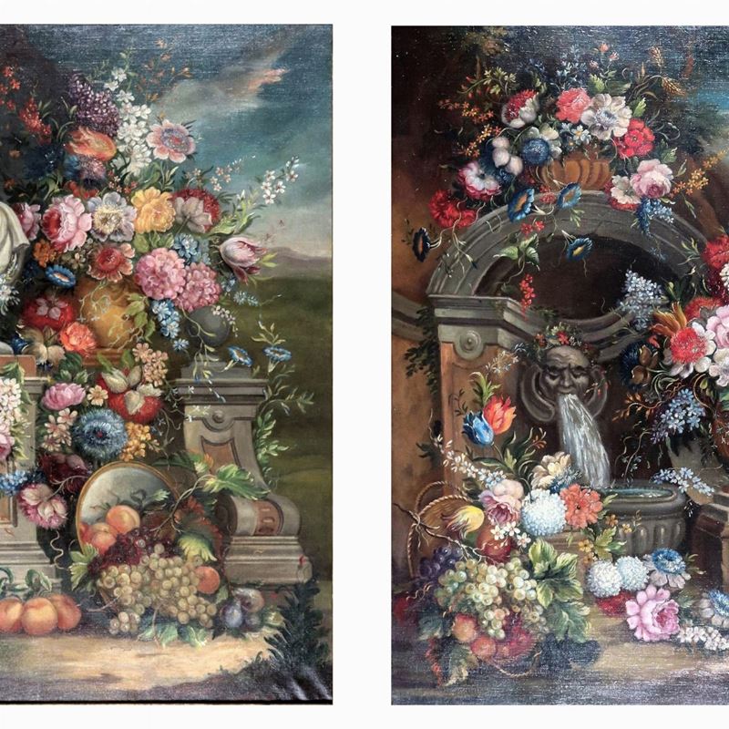 "Nature morte di fiori e frutta", coppia di dipinti ad olio su tela di ottima esecuzione pittoric...