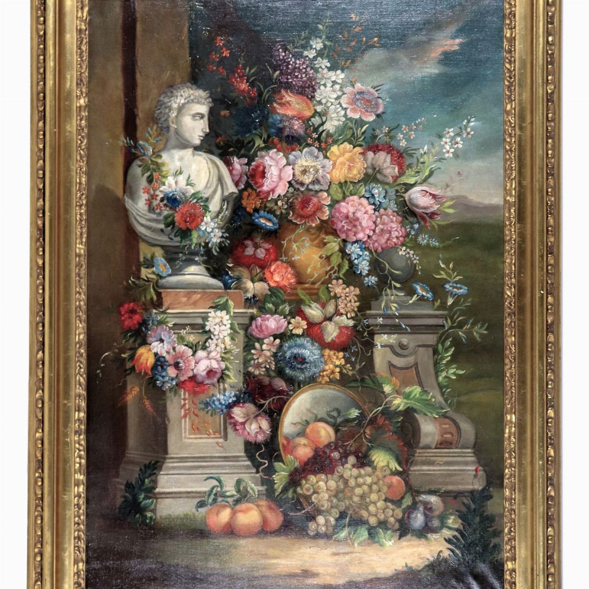 "Nature morte di fiori e frutta", coppia di dipinti ad olio su tela di ottima esecuzione pittoric...