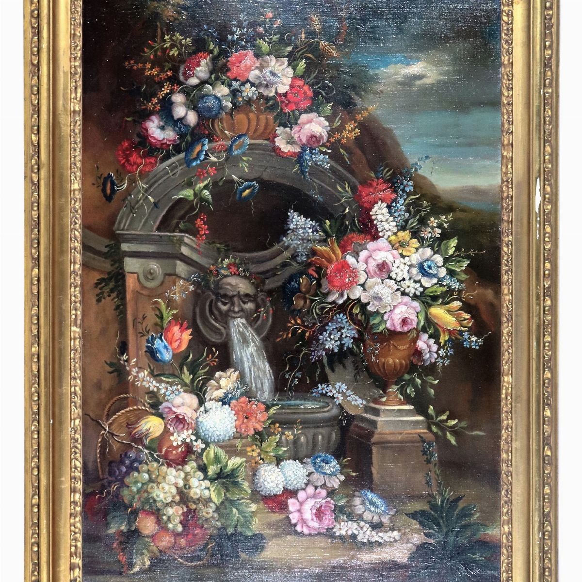 "Nature morte di fiori e frutta", coppia di dipinti ad olio su tela di ottima esecuzione pittoric...