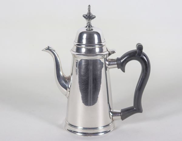 Antique English Victorian Sheffield coffee pot, with ebonized wooden handle and knob. Dent at the base