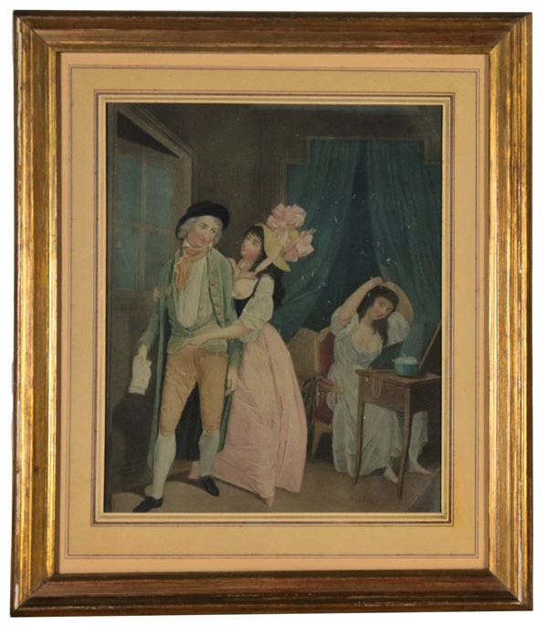 Antica incisione francese colorata "Il corteggiamento"