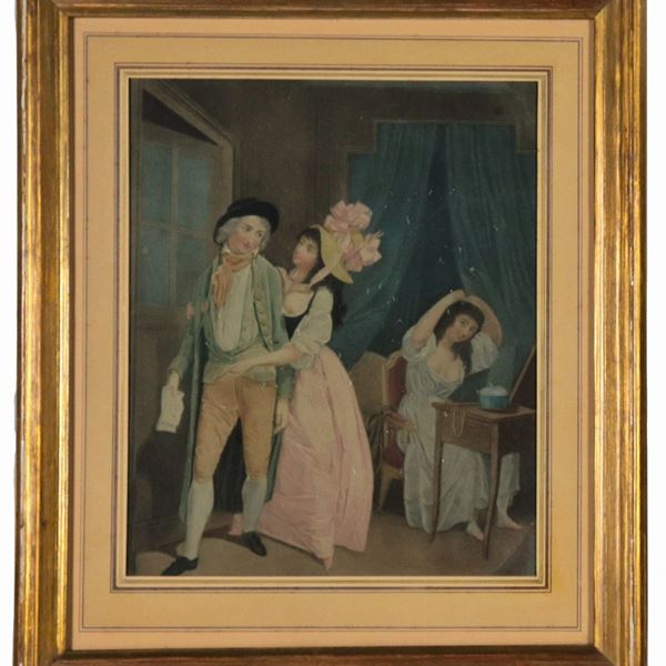 Antica incisione francese colorata "Il corteggiamento"