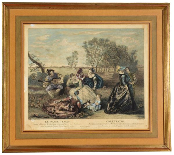 Antique French colored engraving "Party in the Park"