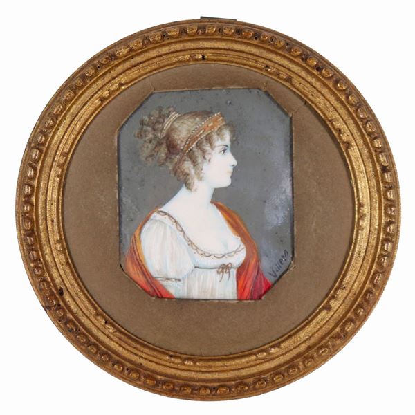 "Ritratto di giovane nobildonna", antica miniatura dipinta, Epoca Impero. Firmata,