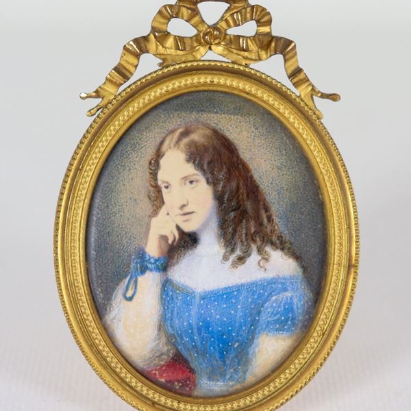 "Ritratto di giovane ragazza", antica piccola miniatura ovale dipinta, XIX Secolo. Firmata e datata