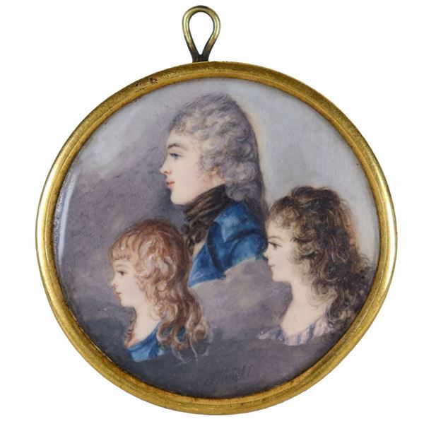 "Volti di giovani ragazzi", antica piccola miniatura tonda dipinta, XIX Secolo. Firmata