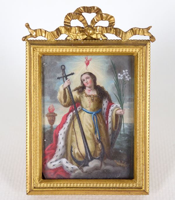 "Saint Philomena", ancient small miniature painted on copper, Early 19th Century