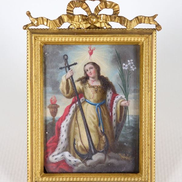 "Saint Philomena", ancient small miniature painted on copper, Early 19th Century