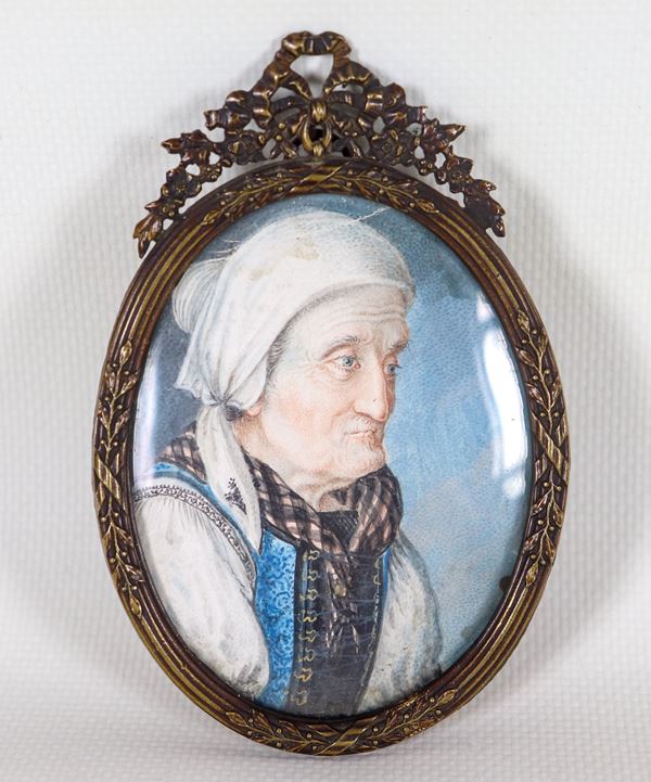 "Portrait of an old peasant woman", ancient painted oval miniature, Early 19th Century