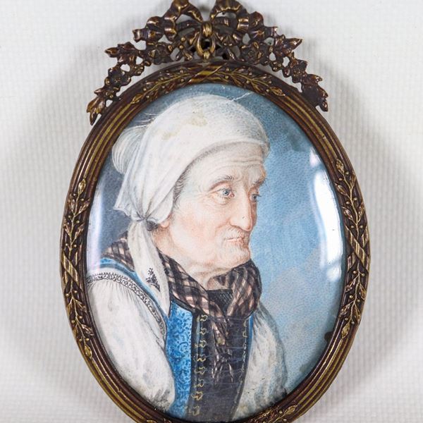 "Ritratto di vecchia contadina", antica miniatura ovale dipinta, Inizio XIX Secolo