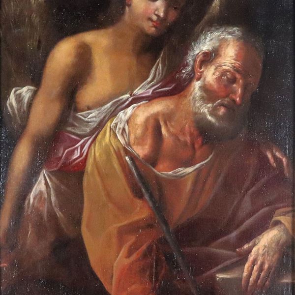 Francesco Fracanzano - Bottega di. "Il sogno di San Giuseppe", pregevole dipinto ad olio su tela
